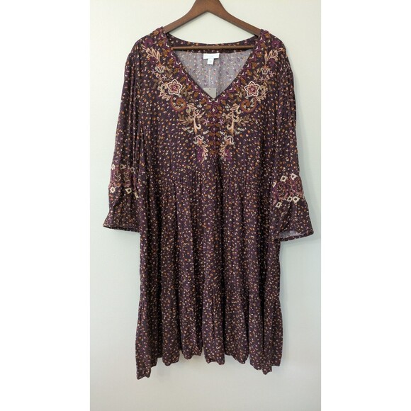 J Jill Sonoma Embroidered Dress 2X Floral Swing Boho Cottagecore Burgundy NWT - Picture 1 of 12